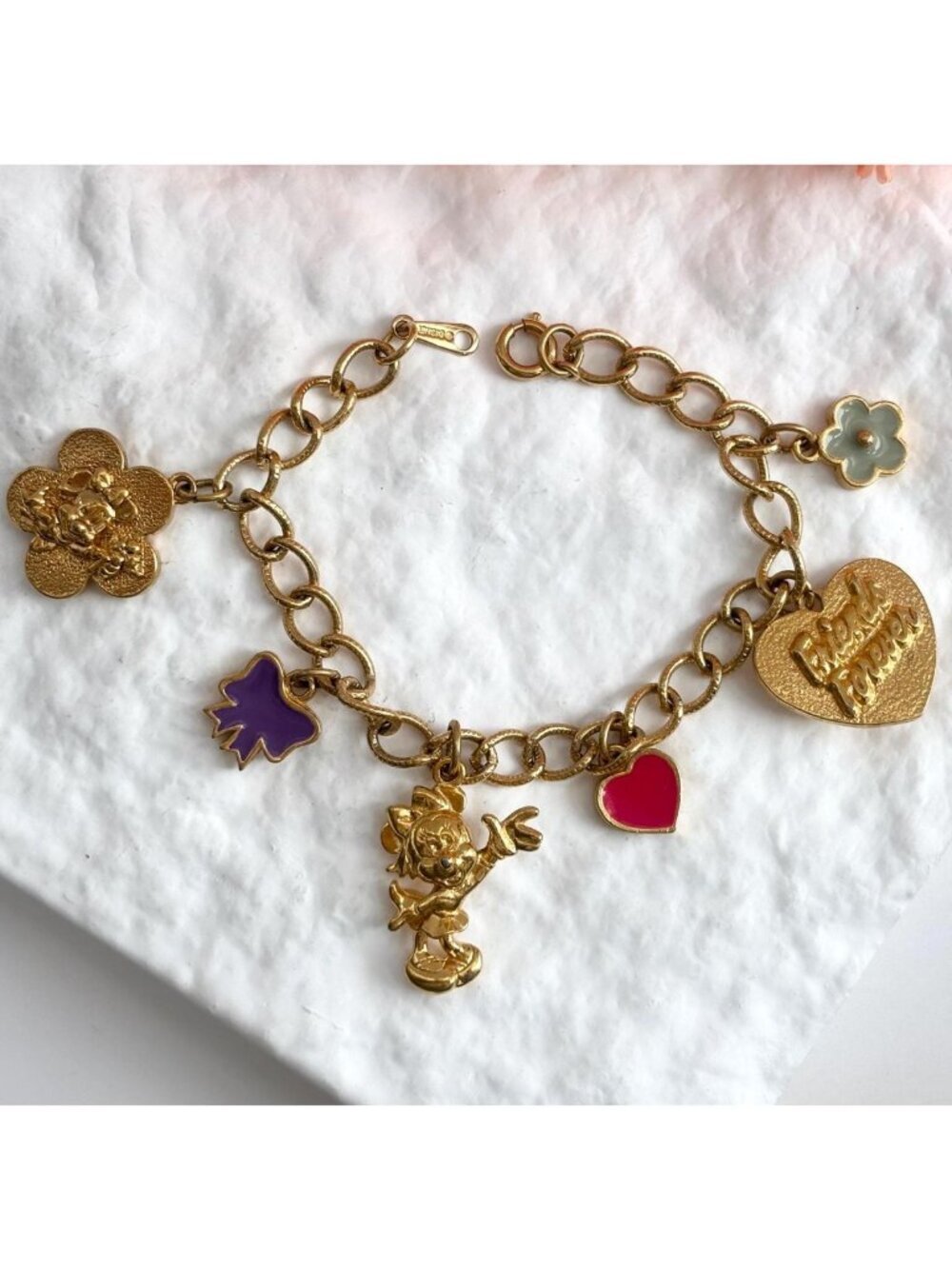 Disney Signed Minnie Mouse Friends Forever Charm Gold Toned Vintage Bracelet